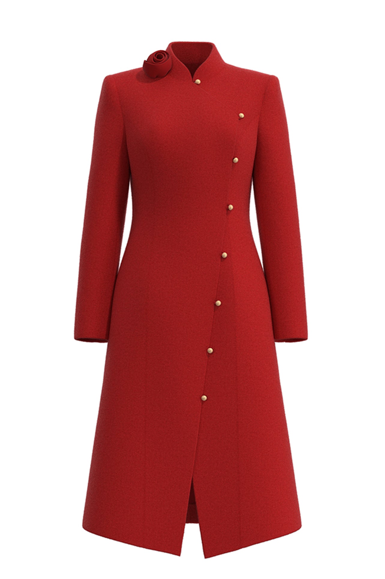 A professional woman smiling in a stunning festive red coat dress, featuring a stand-up mandarin collar with a large 3d rose ornament and an elegant side-button closure, perfect for a Christmas or holiday formal event.