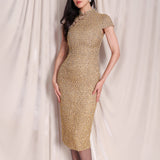A professional woman wearing a stunning luxurious gold sequined modern qipao dress, featuring a traditional mandarin collar, short cap sleeves, and a slim-fit floor-length silhouette for a formal evening gala.