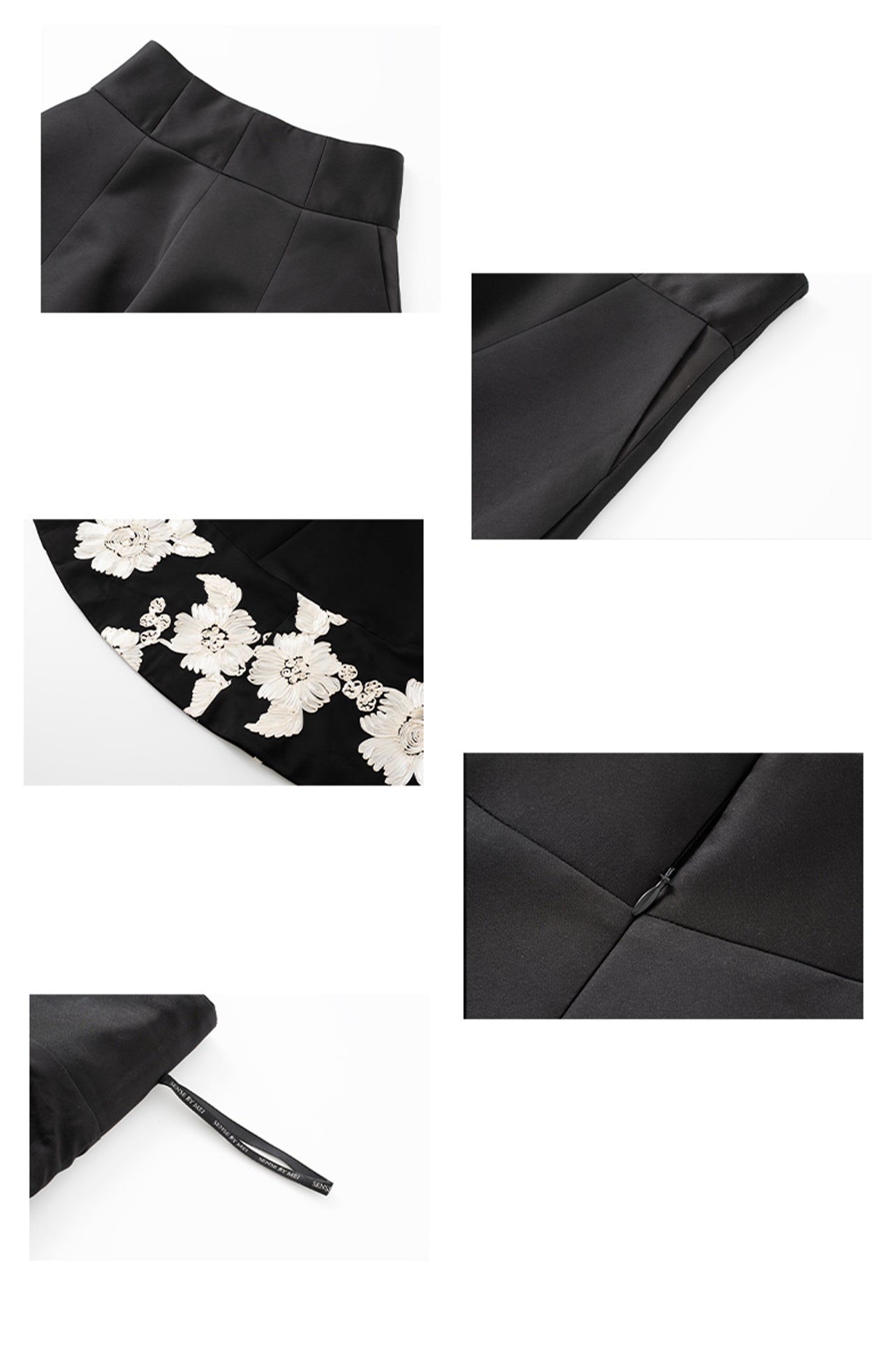 An elegant woman wearing a sophisticated black A-line midi dress, featuring exquisite white floral embroidery along the hem and professional three-quarter sleeves for a timeless formal look.