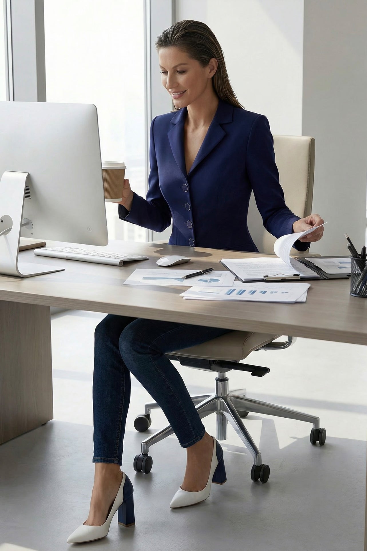 A professional model wearing a sophisticated navy blue tailored blazer with an hourglass silhouette and unique O-ring gold buttons, paired with crisp white trousers for an executive office look.
