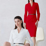 A professional woman wearing a sophisticated solid white long-sleeve sheath dress, featuring an elegant V-neckline and a slim black belt with a gold buckle for a polished executive office look.
