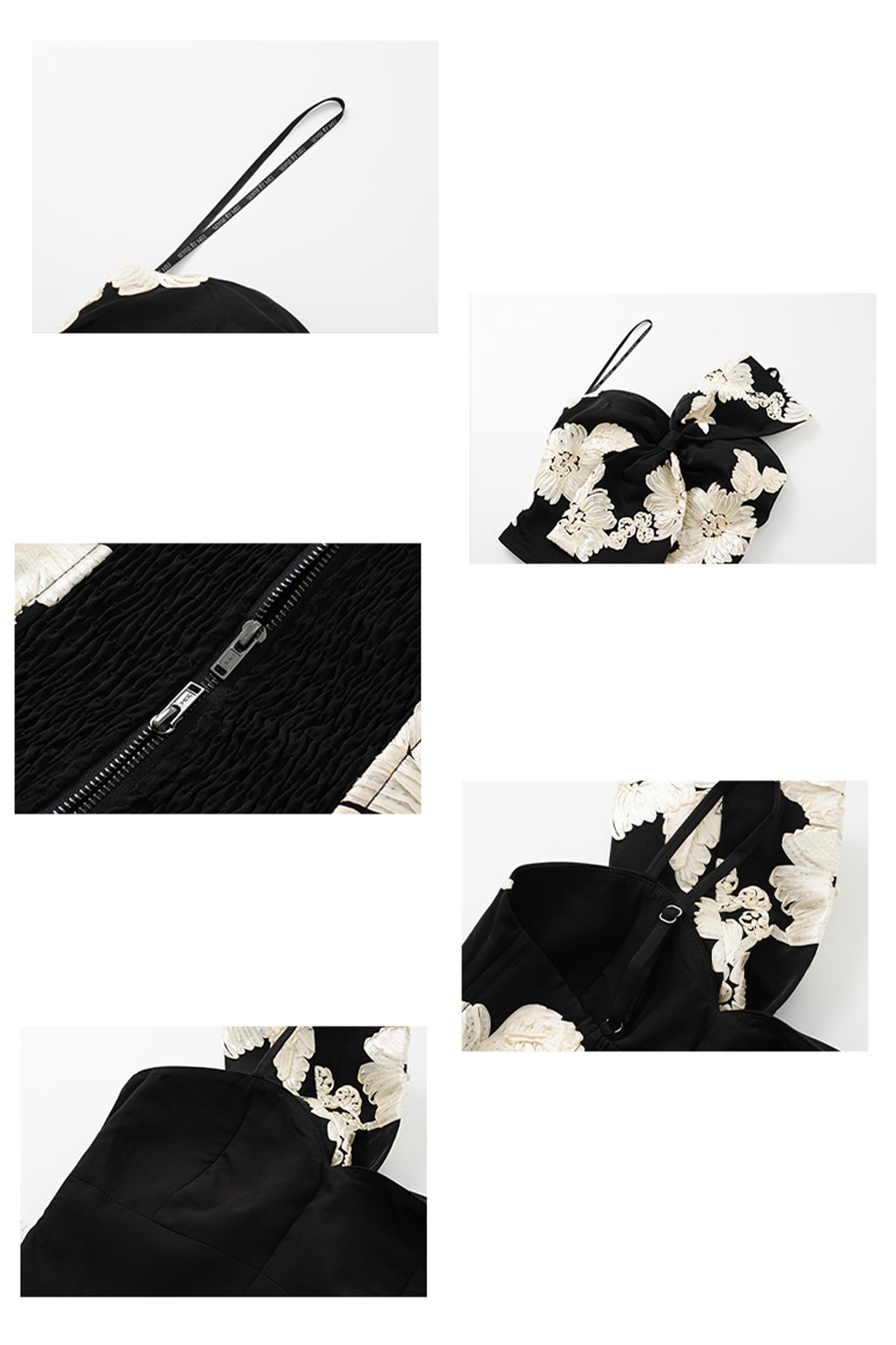 A professional woman wearing a sophisticated one-shoulder black and white floral print top, featuring a dramatic oversized bow detail on the shoulder, paired with white high-waisted trousers for an elegant evening look.