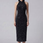 A stunning woman wearing a sophisticated black sequin halter midi dress, featuring a traditional mandarin collar and a shimmering bodycon silhouette, perfect for a modern oriental-inspired evening party look.