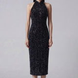 A stunning woman wearing a sophisticated black sequin halter midi dress, featuring a traditional mandarin collar and a shimmering bodycon silhouette, perfect for a modern oriental-inspired evening party look.