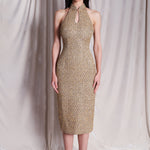 A stunning professional model wearing a luxurious gold sequined halter neck evening gown, featuring a sophisticated keyhole neckline and a slim-fit silhouette for a formal gala look.