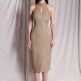 A stunning professional model wearing a luxurious gold sequined halter neck evening gown, featuring a sophisticated keyhole neckline and a slim-fit silhouette for a formal gala look.