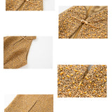 A stunning professional model wearing a luxurious gold sequined halter neck evening gown, featuring a sophisticated keyhole neckline and a slim-fit silhouette for a formal gala look.