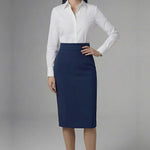 An elegant professional woman wearing a high-waisted navy blue pencil skirt featuring a slim fit, functional side pockets, and a wide waistband for a polished office look
