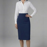An elegant professional woman wearing a high-waisted navy blue pencil skirt featuring a slim fit, functional side pockets, and a wide waistband for a polished office look