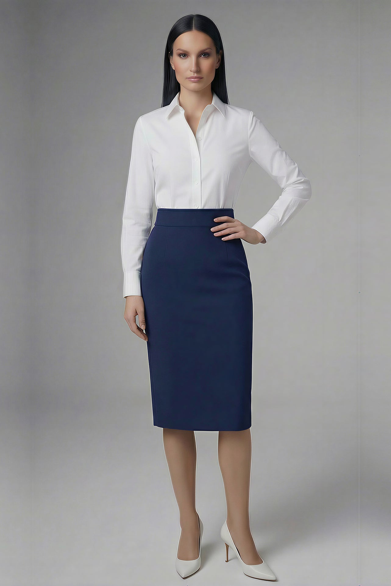 An elegant professional woman wearing a high-waisted navy blue pencil skirt featuring a slim fit, functional side pockets, and a wide waistband for a polished office look