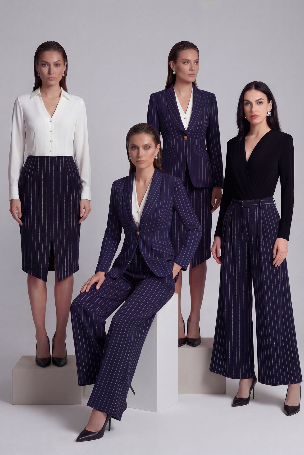 Navy blue pinstripe pencil skirt for women, professional business attire with front slit detail.