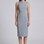A professional woman wearing a sophisticated light grey pinstripe sleeveless sheath dress, featuring an elegant boat neckline and a tailored slim-fit silhouette for a polished executive look.