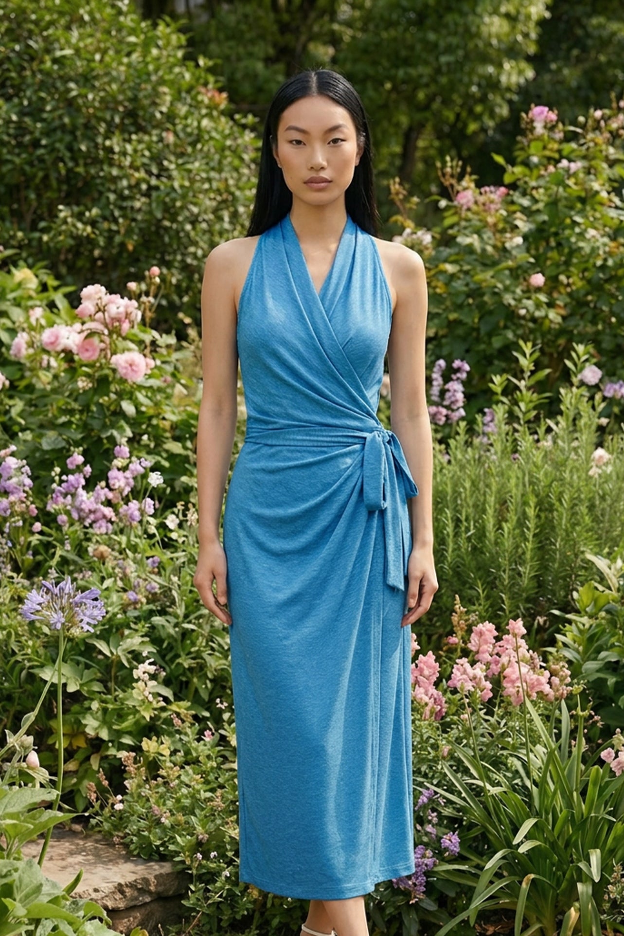 Two professional models wearing elegant halter-neck wrap maxi dresses in heather grey and vibrant sky blue, featuring a sophisticated draped V-neckline and waist tie for a minimalist summer or resort look.
