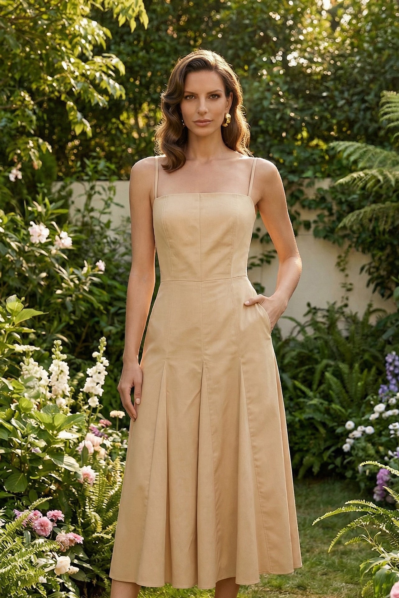 Two professional women modeling elegant square-neck spaghetti strap maxi dresses in khaki and mustard yellow, featuring a pleated A-line silhouette and side pockets for a sophisticated summer look.