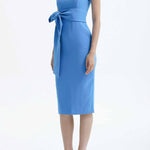 Four women showcasing an elegant v-neck sleeveless sheath dress in black, burgundy, teal green, and lavender pink, featuring a slimming tie-waist design perfect for a modern professional office look.