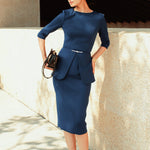 A style comparison of three elegant women modeling tailored three-quarter sleeve crew-neck pencil midi dresses; featured in ivory white and blush pink with a subtle peplum waist and crystal bar detail, and in navy blue with a clean minimalist sheath silhouette.