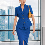 A style comparison of two professional summer short-sleeve blazers featuring an elegant shawl collar, three-button front, and flap pockets; the left shown in vibrant royal blue and the right in sophisticated light beige.