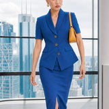 A style comparison of two professional summer short-sleeve blazers featuring an elegant shawl collar, three-button front, and flap pockets; the left shown in vibrant royal blue and the right in sophisticated light beige.