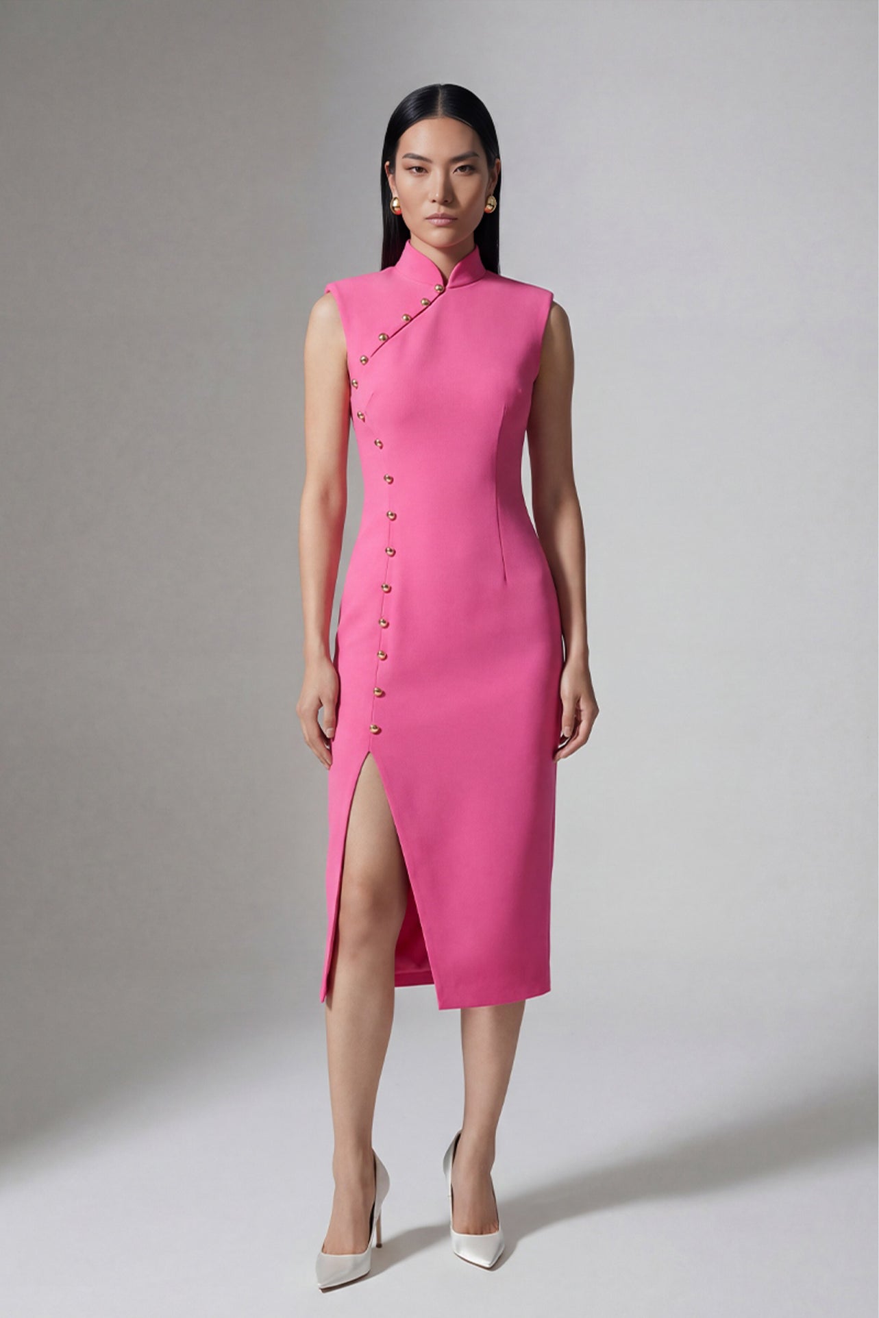 A professional woman wearing a vibrant hot pink modern qipao dress, featuring a classic mandarin collar, sleeveless design, and elegant gold button side-fastening with a sophisticated slit for an oriental chic look.
