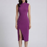 A professional woman wearing a stunning magenta purple sleeveless dress, featuring a traditional mandarin collar, a row of elegant side buttons, and a sophisticated high slit for a modern oriental look.