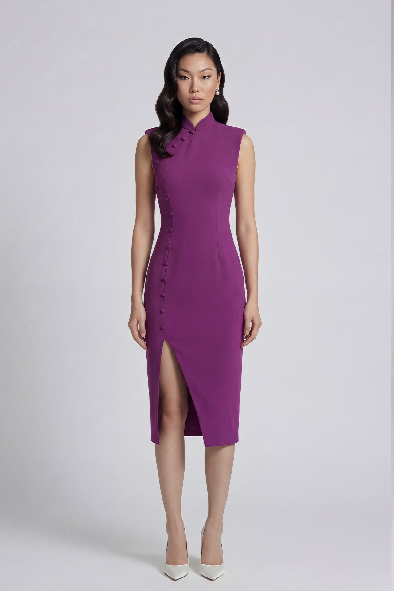 A professional woman wearing a stunning magenta purple sleeveless dress, featuring a traditional mandarin collar, a row of elegant side buttons, and a sophisticated high slit for a modern oriental look.