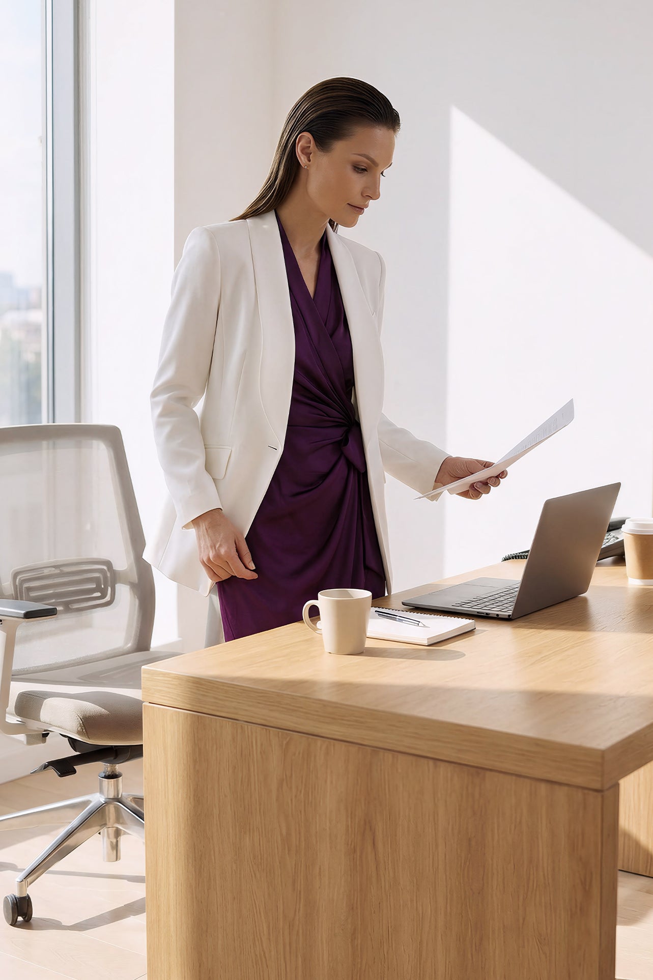 A professional woman modeling an elegant deep purple satin wrap midi dress, featuring a sophisticated surplice V-neck, cap sleeves, and a chic side bow tie for a quiet luxury evening or office look.