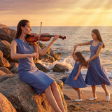A professional woman modeling an elegant mid-blue midi dress featuring a classic square neckline, cap sleeves, and a flattering A-line flare skirt, perfect for both business and social occasions.