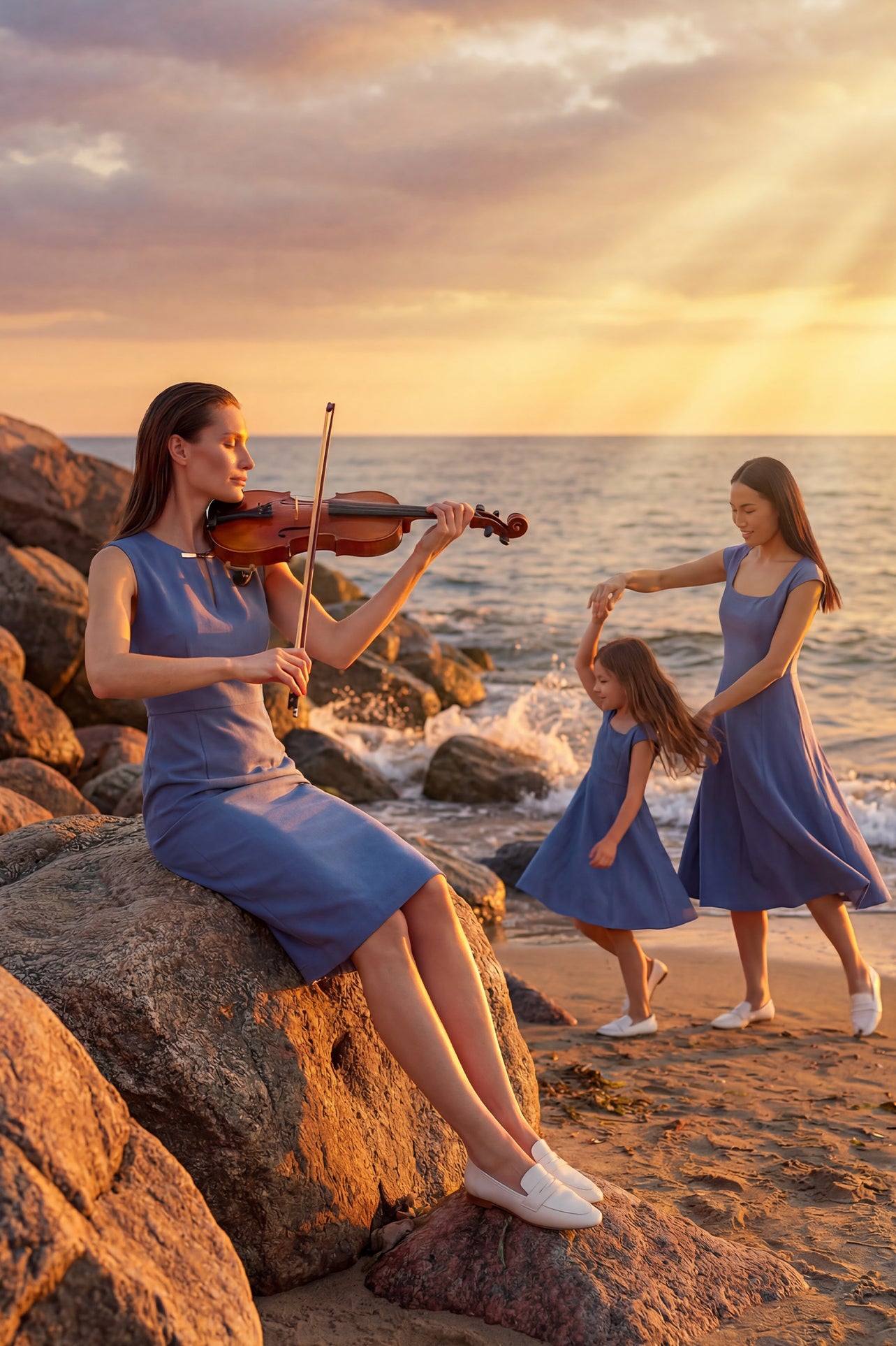 A professional woman modeling an elegant mid-blue midi dress featuring a classic square neckline, cap sleeves, and a flattering A-line flare skirt, perfect for both business and social occasions.
