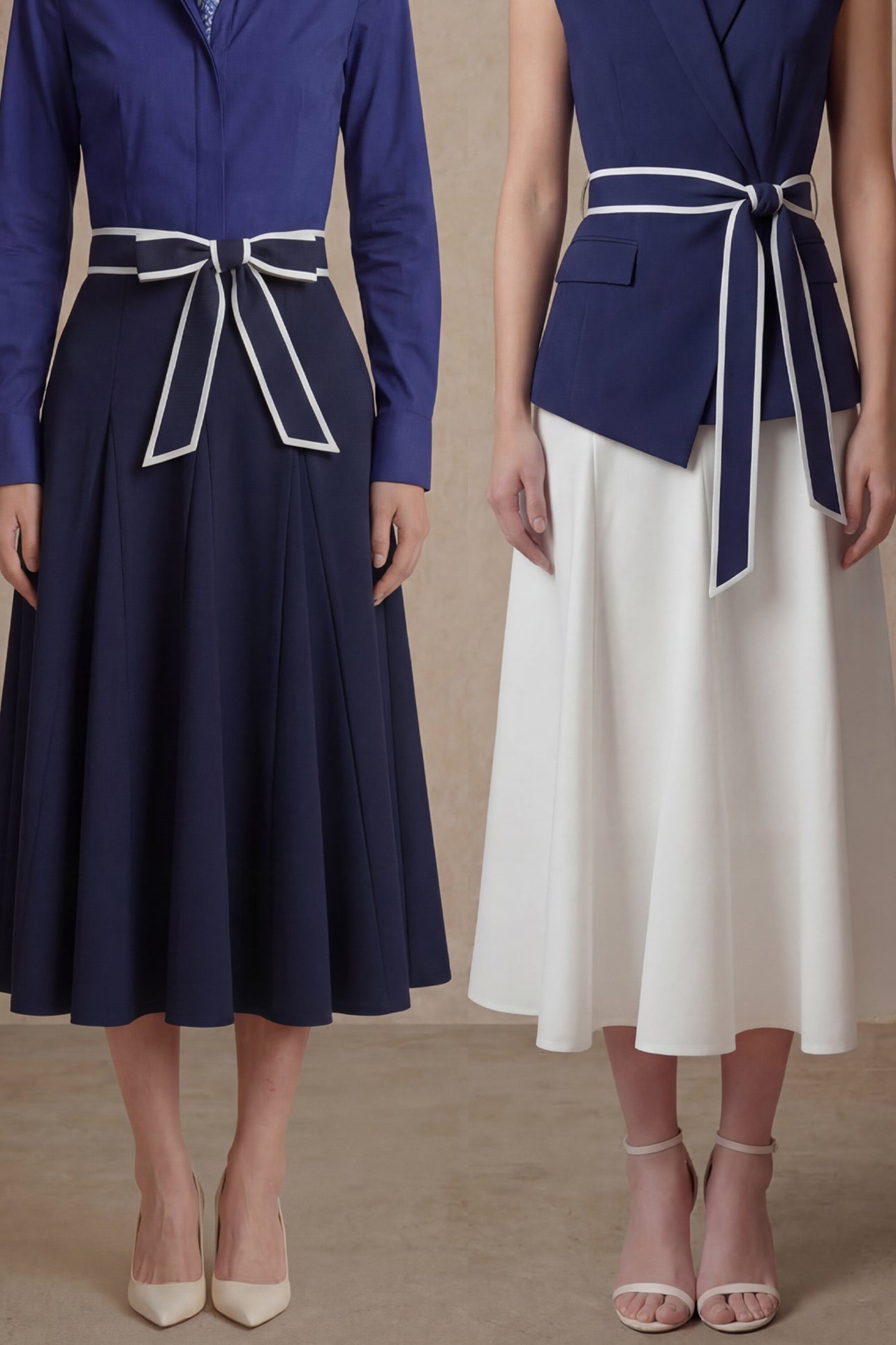 A comparison of two elegant professional looks: a navy blue pleated midi skirt and a crisp white flare skirt, both featuring sophisticated contrast-piped bow belts for a polished executive appearance.