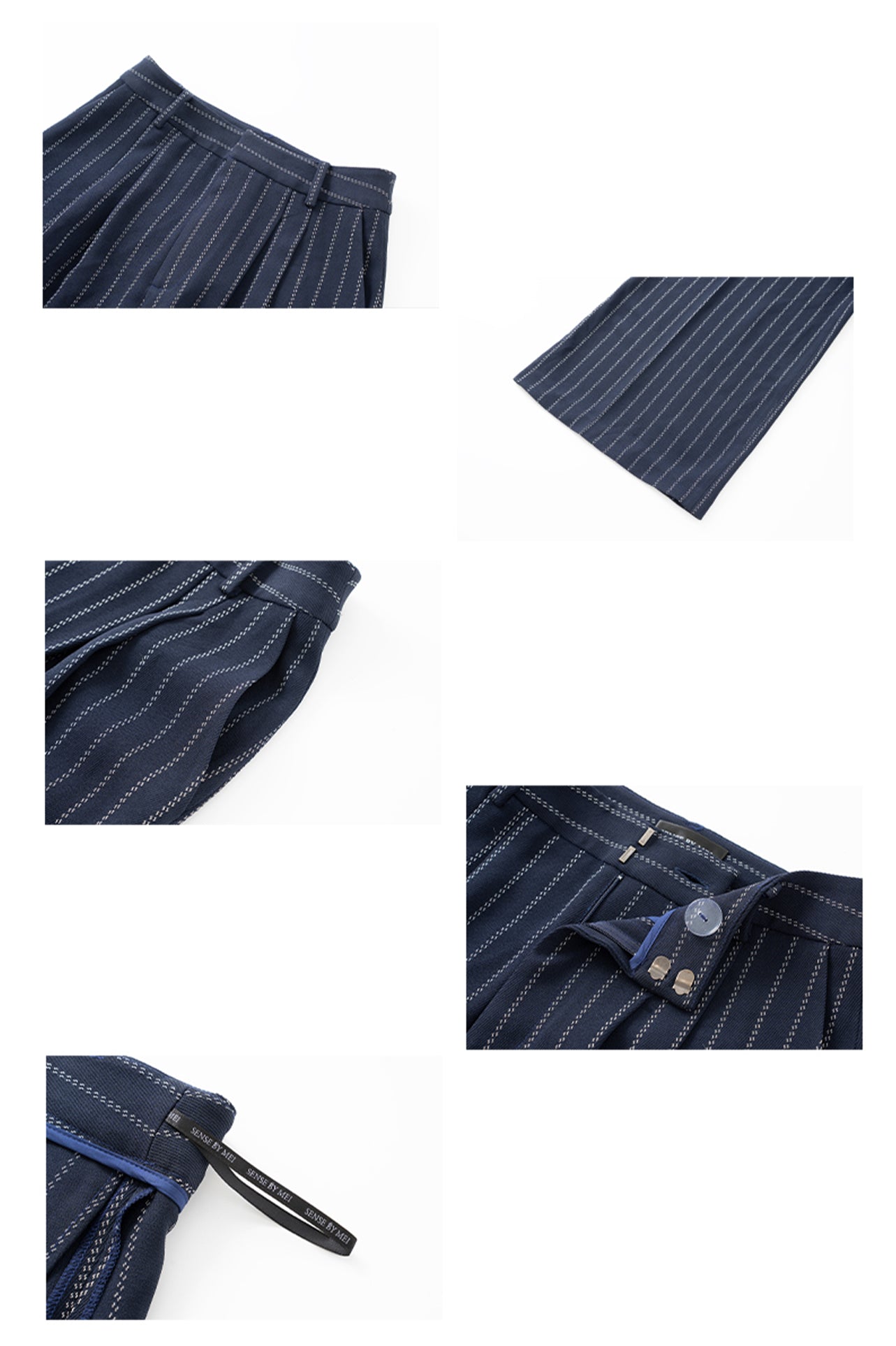 A professional woman wearing sophisticated navy blue pinstripe wide-leg trousers, featuring a high-waisted tailored fit and elegant vertical stripes for a polished executive office look.