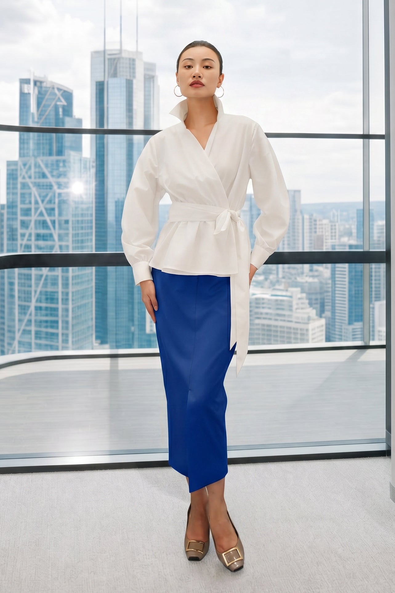 A stylish woman posing against a city skyline wearing a navy blue wrap blouse with golden ginkgo leaf print tied at the waist, paired with tailored mustard yellow wide-leg trousers.