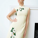 A professional woman wearing a stunning lemon yellow sleeveless mini dress, featuring a traditional mandarin collar, exquisite white floral 3D embroidery, and an elegant side slit for a sophisticated modern oriental look.