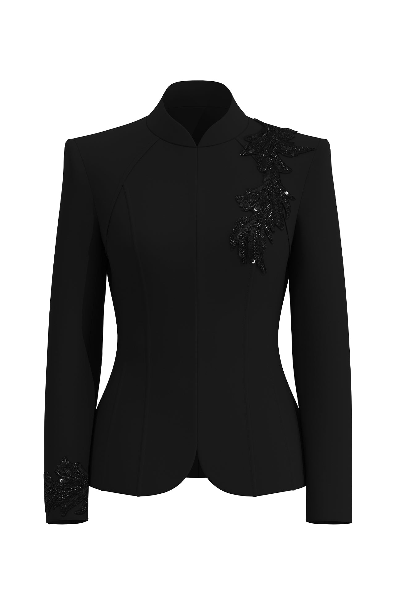 A professional woman wearing a sophisticated black skirt suit, featuring a mandarin collar with elegant leaf embroidery on the shoulder and skirt, and traditional frog button detailing for a modern oriental executive look.