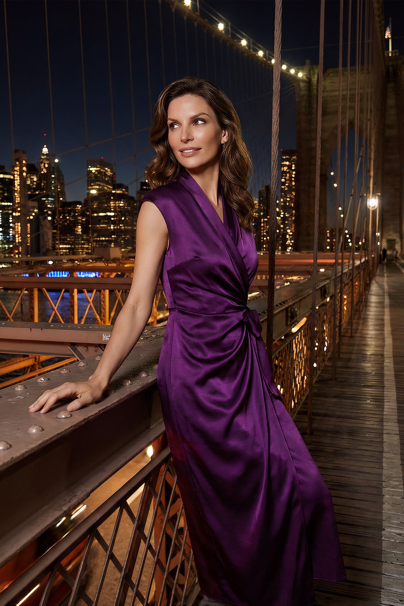 A professional woman modeling an elegant deep purple satin wrap midi dress, featuring a sophisticated surplice V-neck, cap sleeves, and a chic side bow tie for a quiet luxury evening or office look.