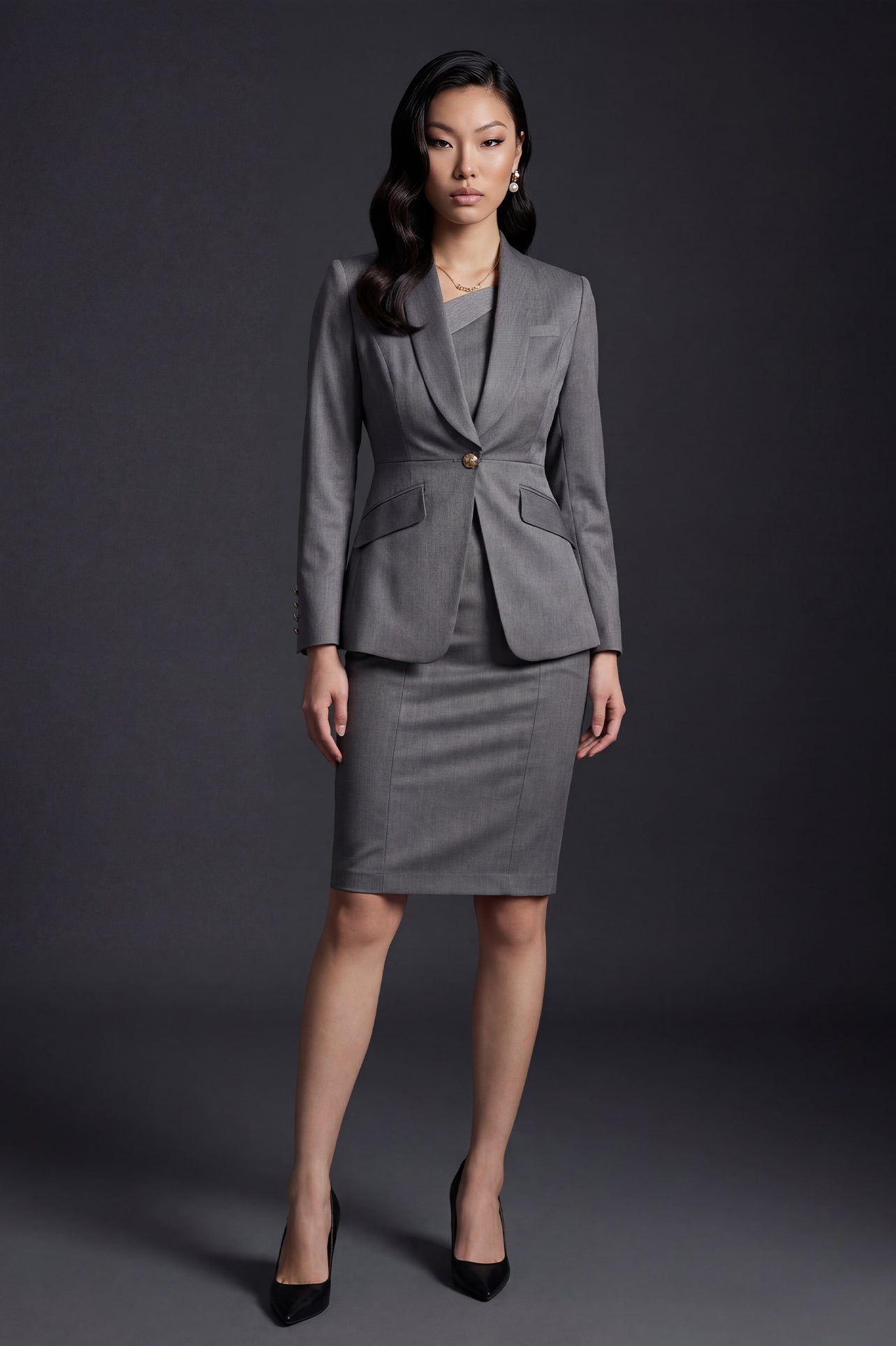 A professional woman wearing a sophisticated grey slim-fit blazer with a single gold button, featuring a tailored waist and notched lapels for an elegant executive office look.