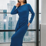 A style comparison of two elegant tailored long-sleeve midi dresses with side twist knotting and cascading ruffles; the left in a sophisticated light dove grey and the right in a vibrant royal blue.