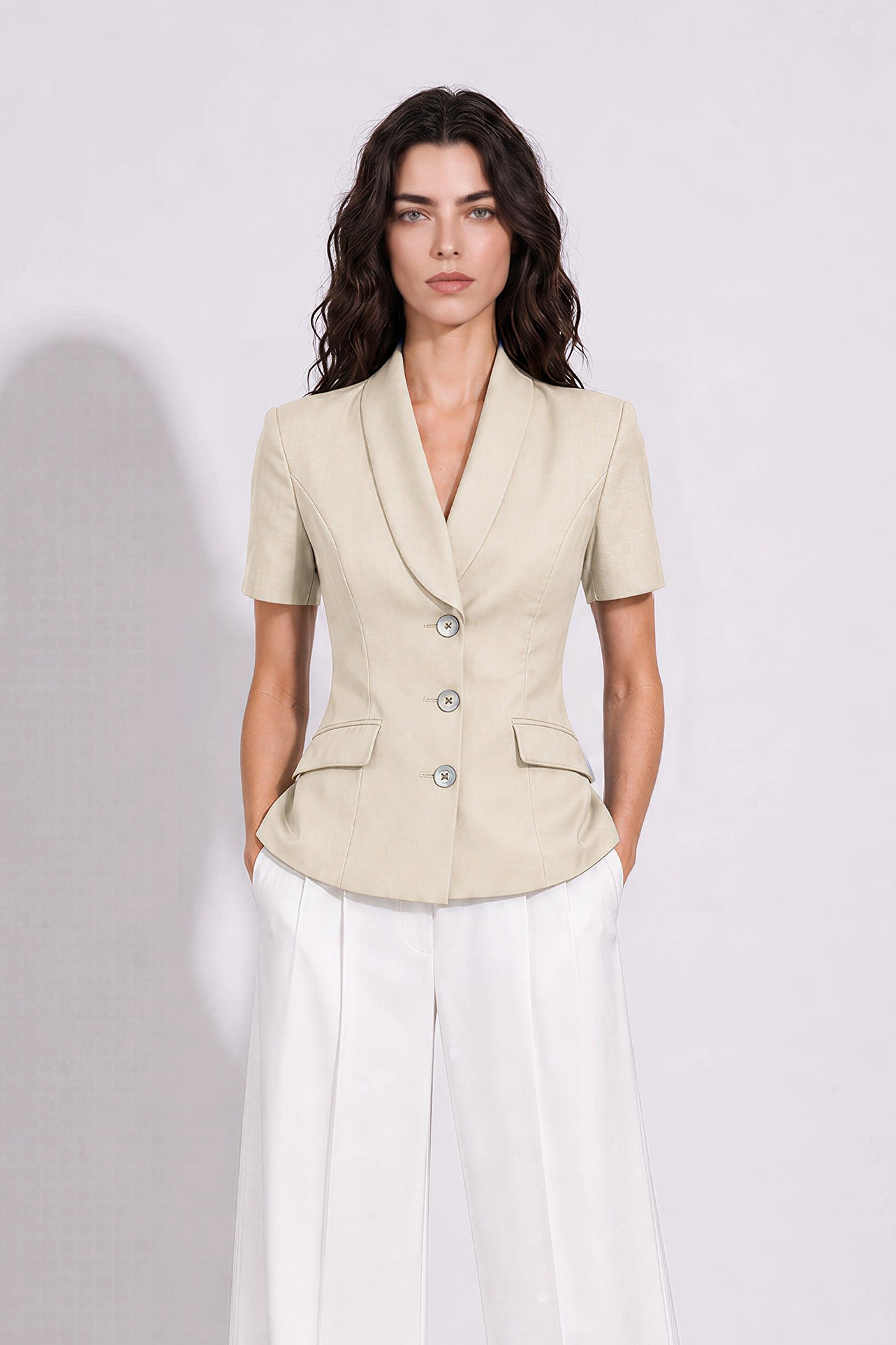 A style comparison of two professional summer short-sleeve blazers featuring an elegant shawl collar, three-button front, and flap pockets; the left shown in vibrant royal blue and the right in sophisticated light beige.