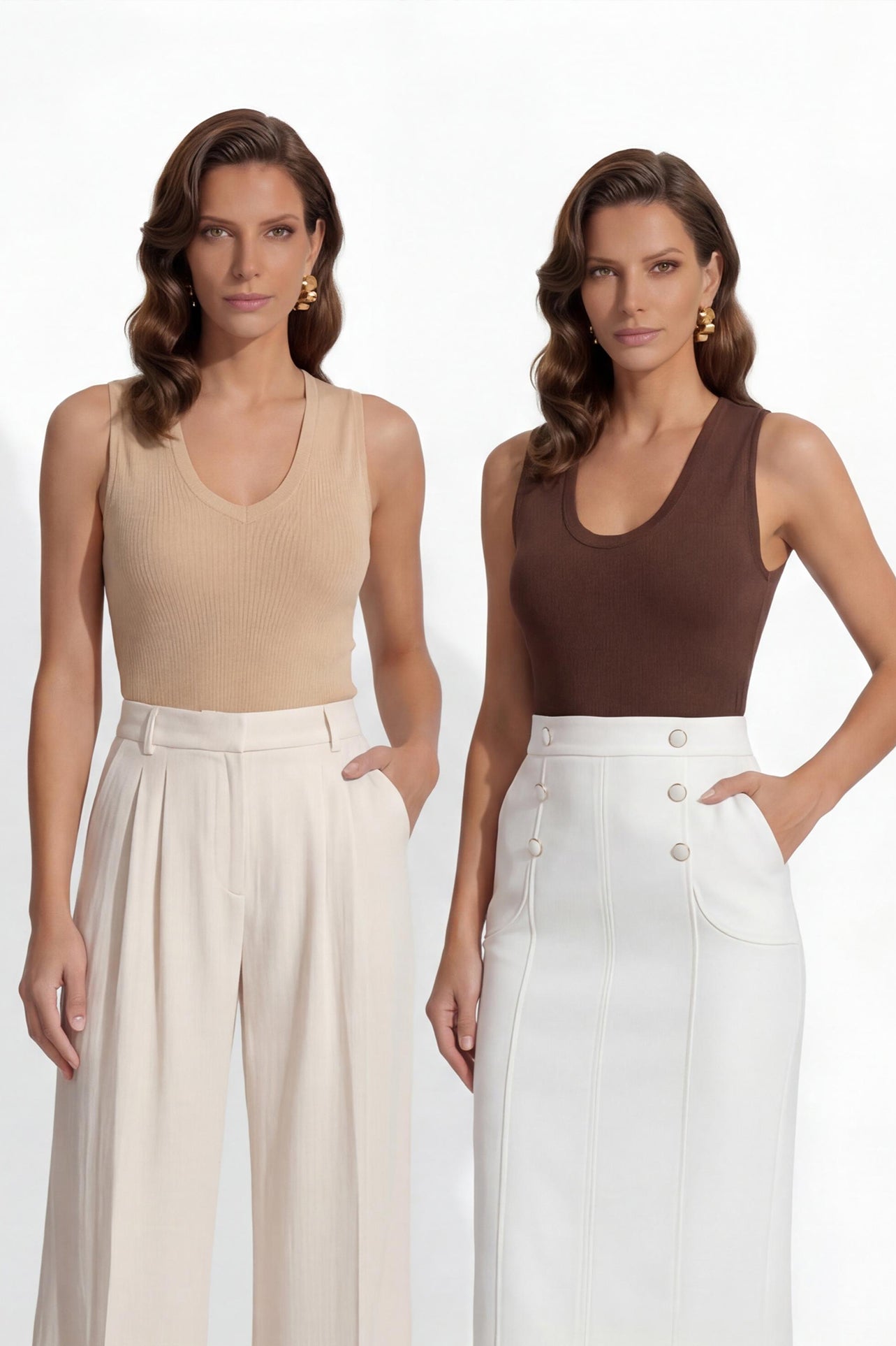 A professional woman modeling a sleeveless chocolate brown top and cream wide-leg pleated trousers, styled with a patterned yellow silk scarf and bold gold jewelry for a sophisticated office aesthetic.