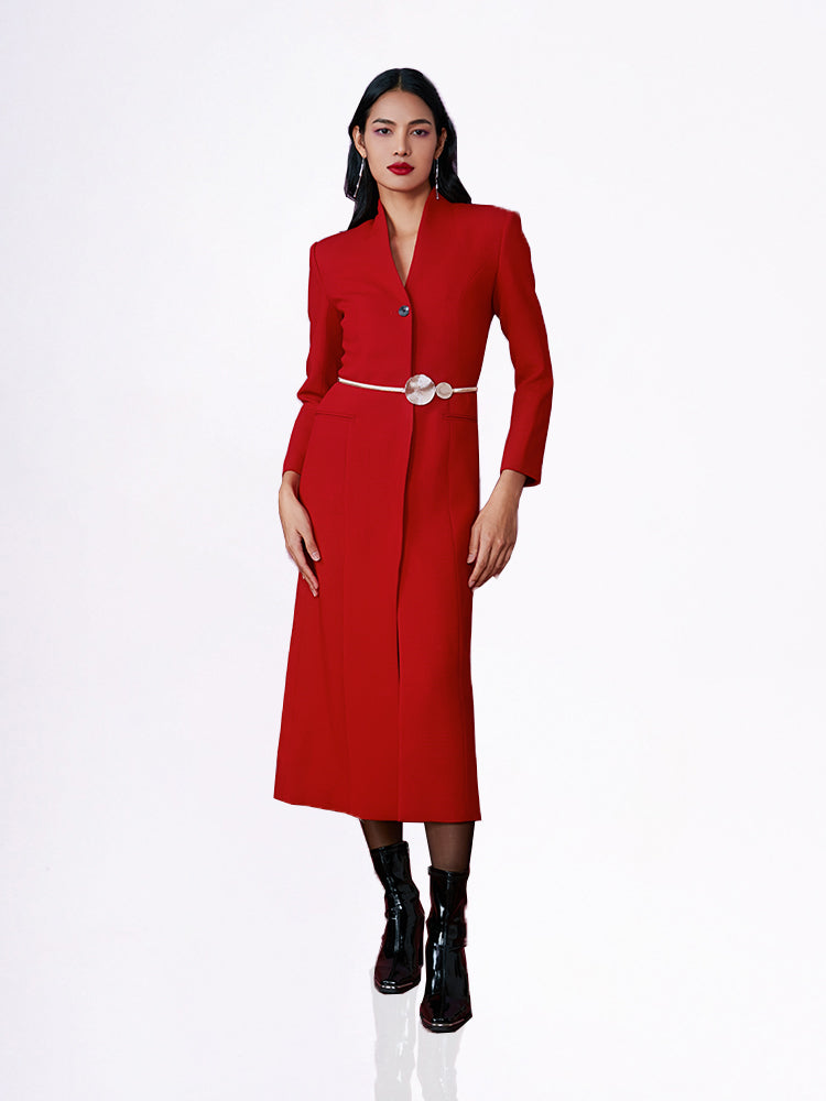 Sense By Mei magenta Tang suit jacket and skirt set against a white background, emphasizing the silhouette.