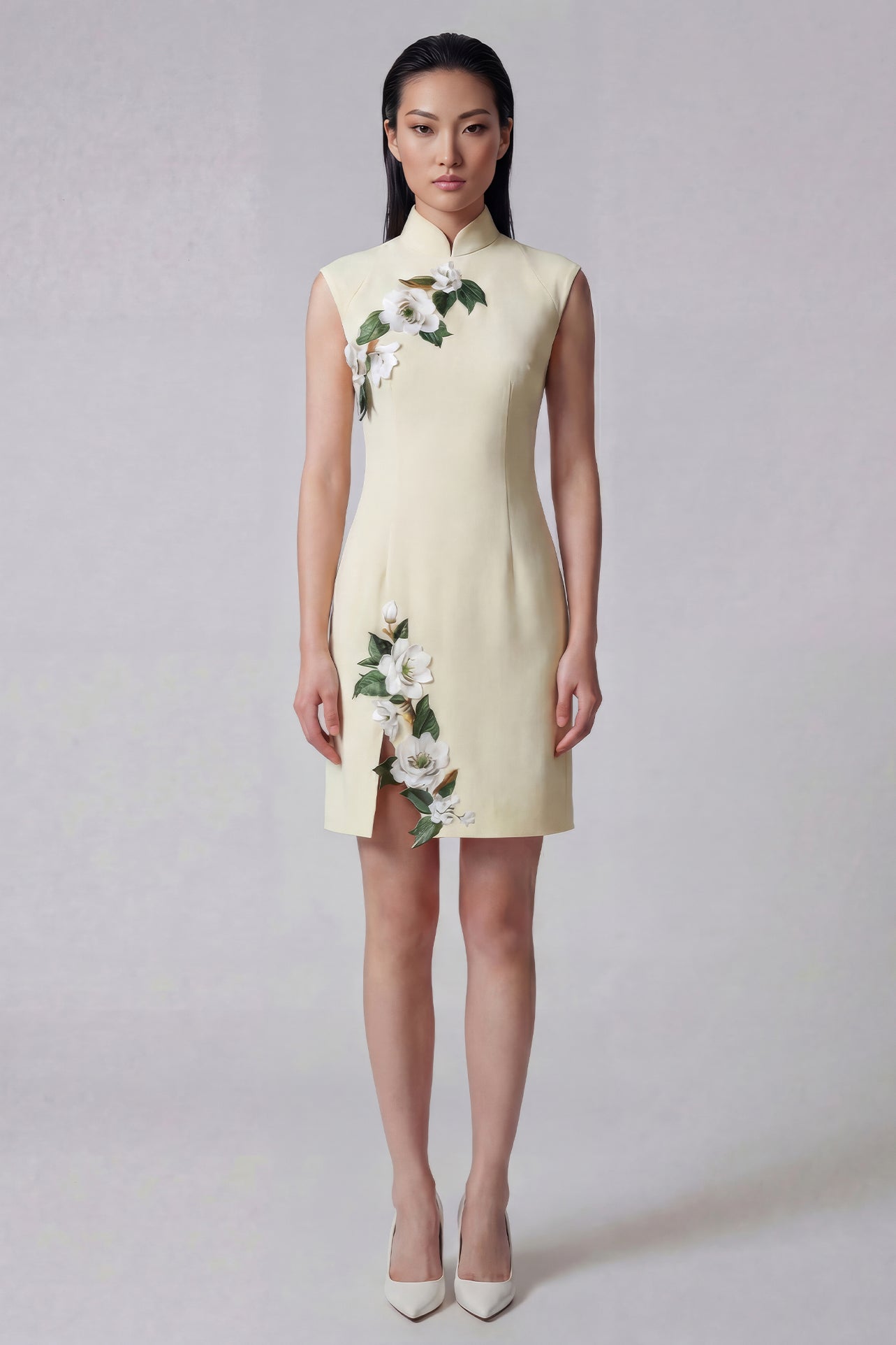 A professional woman wearing a stunning lemon yellow sleeveless mini dress, featuring a traditional mandarin collar, exquisite white floral 3D embroidery, and an elegant side slit for a sophisticated modern oriental look.