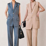 A style comparison of two elegant tailored two-piece suit sets featuring longline sleeveless blazer vests with notched lapels and matching cuffed wide-leg trousers; the left shown in slate blue and the right in sophisticated oatmeal beige.