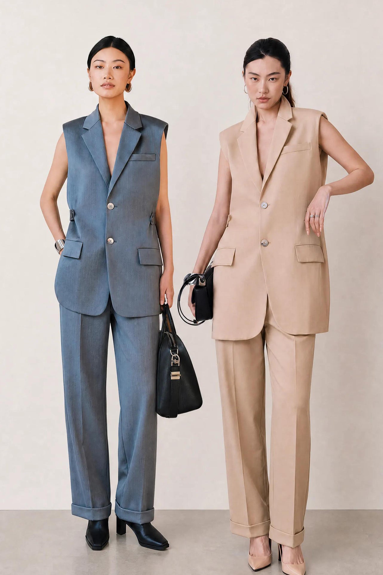 A style comparison of two elegant tailored two-piece suit sets featuring longline sleeveless blazer vests with notched lapels and matching cuffed wide-leg trousers; the left shown in slate blue and the right in sophisticated oatmeal beige.