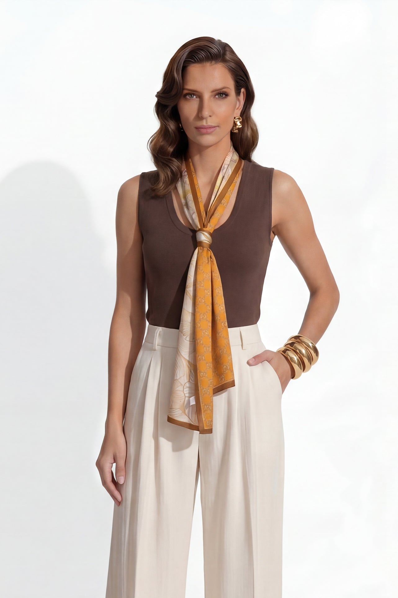 A professional woman modeling a sleeveless chocolate brown top and cream wide-leg pleated trousers, styled with a patterned yellow silk scarf and bold gold jewelry for a sophisticated office aesthetic.