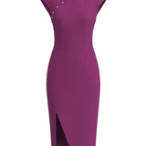 A professional woman wearing a stunning magenta purple sleeveless dress, featuring a traditional mandarin collar, a row of elegant side buttons, and a sophisticated high slit for a modern oriental look.