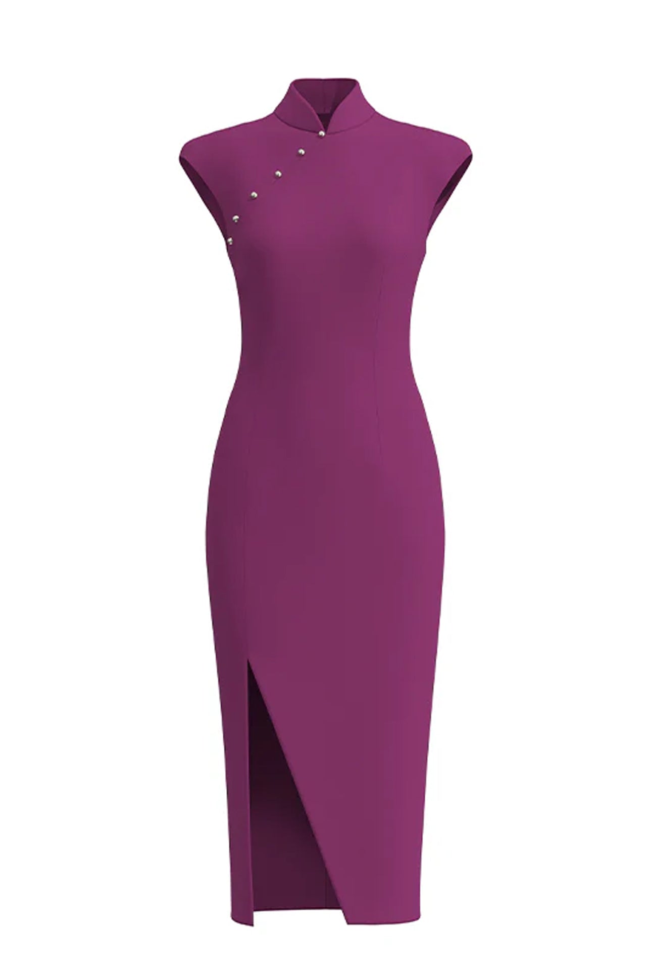 A professional woman wearing a stunning magenta purple sleeveless dress, featuring a traditional mandarin collar, a row of elegant side buttons, and a sophisticated high slit for a modern oriental look.