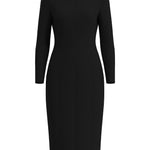 A professional woman wearing a sophisticated black long-sleeve sheath dress, featuring a classic crew neckline and a slim black belt with a gold buckle for a polished executive office look.