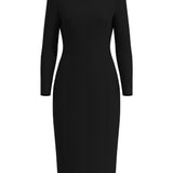 A professional woman wearing a sophisticated black long-sleeve sheath dress, featuring a classic crew neckline and a slim black belt with a gold buckle for a polished executive office look.