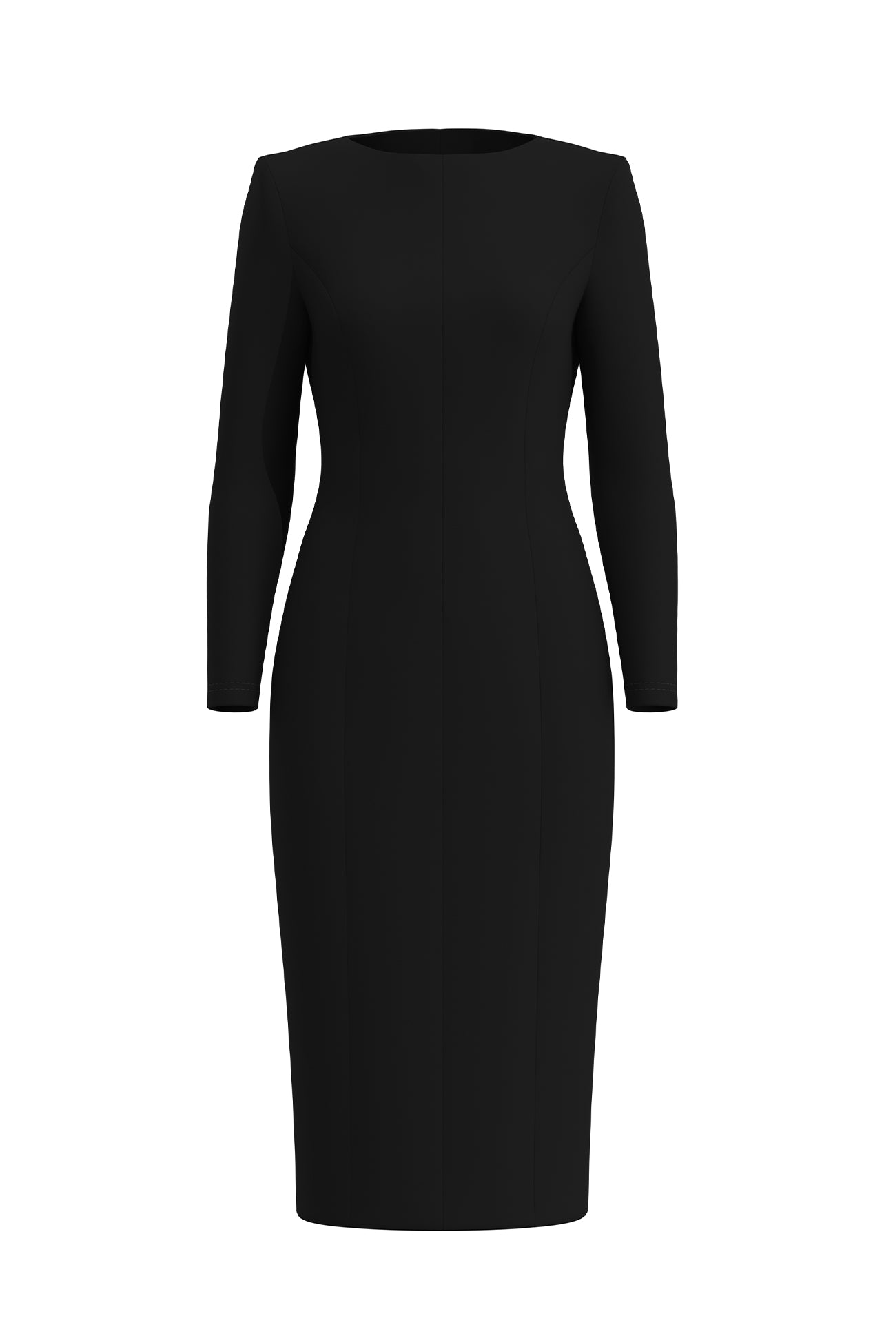 A professional woman wearing a sophisticated black long-sleeve sheath dress, featuring a classic crew neckline and a slim black belt with a gold buckle for a polished executive office look.