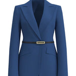 A professional woman wearing a sophisticated royal blue tailored skirt suit, featuring a slim-fit single-button blazer with structured shoulders and a matching midi pencil skirt for a powerful executive office look.
