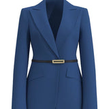 A professional woman wearing a sophisticated royal blue tailored skirt suit, featuring a slim-fit single-button blazer with structured shoulders and a matching midi pencil skirt for a powerful executive office look.